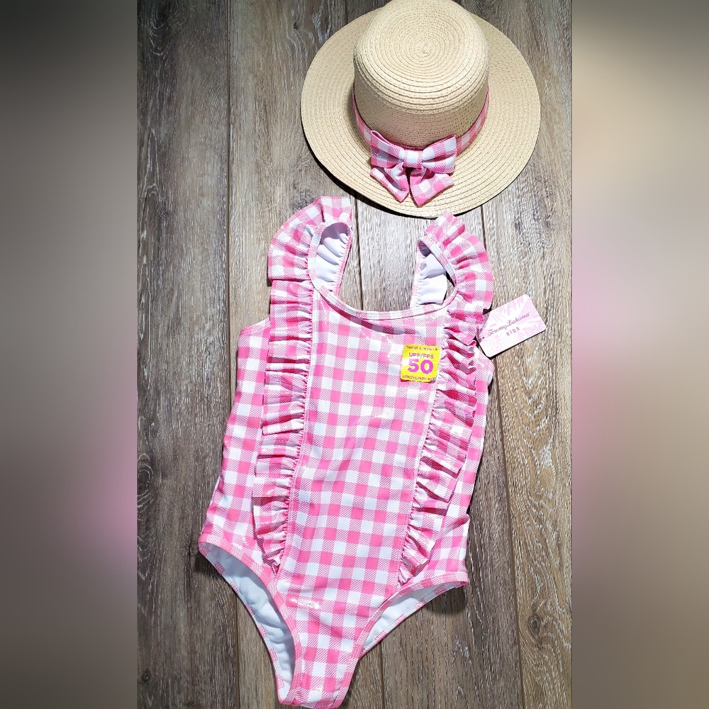 Pink and White Gingham One Piece Swimsuit with Ruffles & Hat 2pc. Set Set Size 7